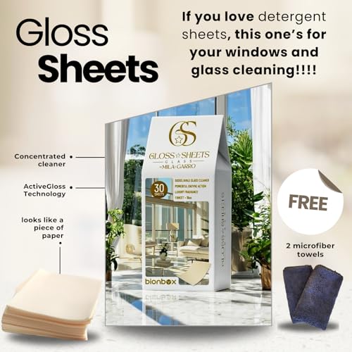 Bionbox Glass Cleaner by Mila Garro – Streak-Free Enzyme Formula – 30 Water Dissolvable Sheets (Makes 3.75 Gallons) – Window & Mirror Cleaning – Free 2 Microfiber Cloths