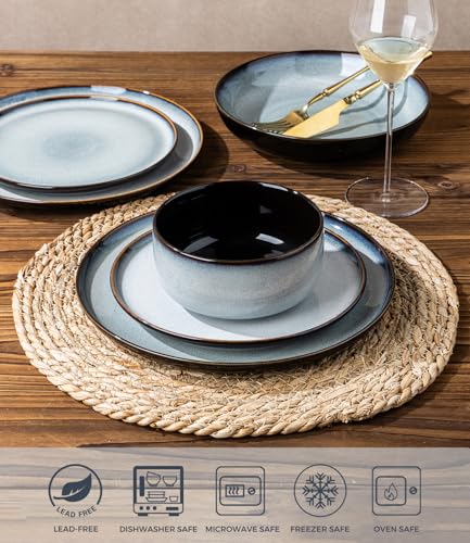 Image of LERATIO Ceramic Dinnerware Sets with Pasta Bowls for 4,Plates and Bowls Sets,Oven &Microwave & Dishwasher Safe,Light Weight & Scratch Resistant Dishes Sets-Service for 4 (16pcs)-Gray White