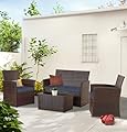 PORWEY Patio Outdoor Furniture 4 Pieces Sectional Sofa Set Balcony Furniture Wicker Rattan Chairs with Table and Loveseat for Garden, Porch, Backyard, Brown Wicker/Blue Cushion