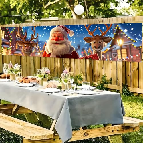 Image of Santa and Reindeer Outdoor Banner 78.7 x 17.7 Inch Jolly Santa with Gifts and Reindeer Festive Winter Scene Holiday Decoration for Yard Garden Porch Fence or Patio Display