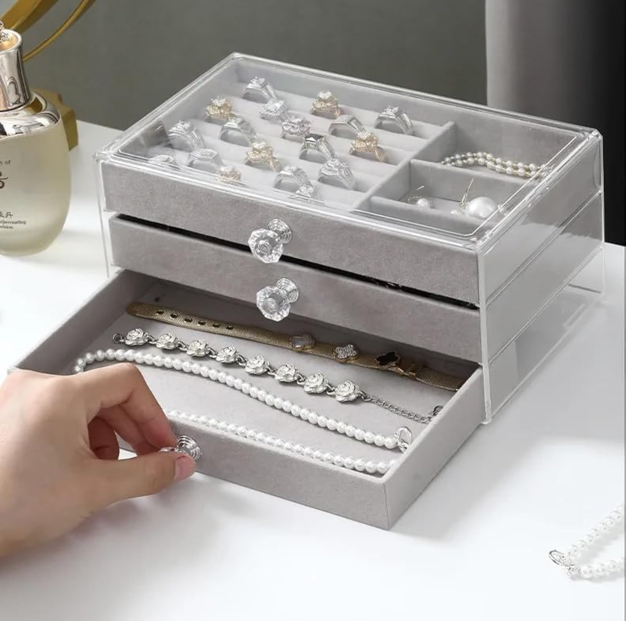 3 Layer Transparent Jewelry Storage Box with 3 Drawers