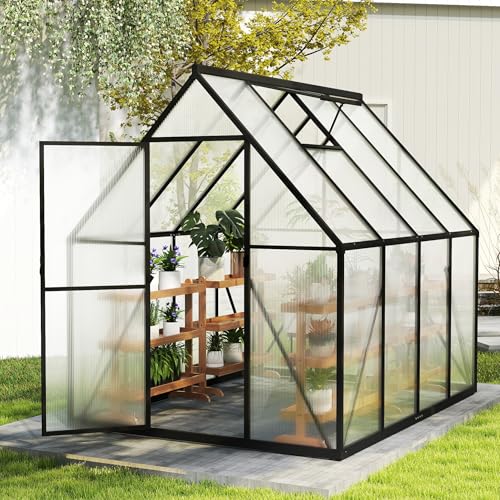 Gewächshaus Aluminium Treibhaus mit Transparent PC Platten Dachfenster & Tür & Fundament 230x180x195cm Winterfest Gartengewächshäuser Begehbares Pflanzenhaus für Garten Outdoor – Bild 5