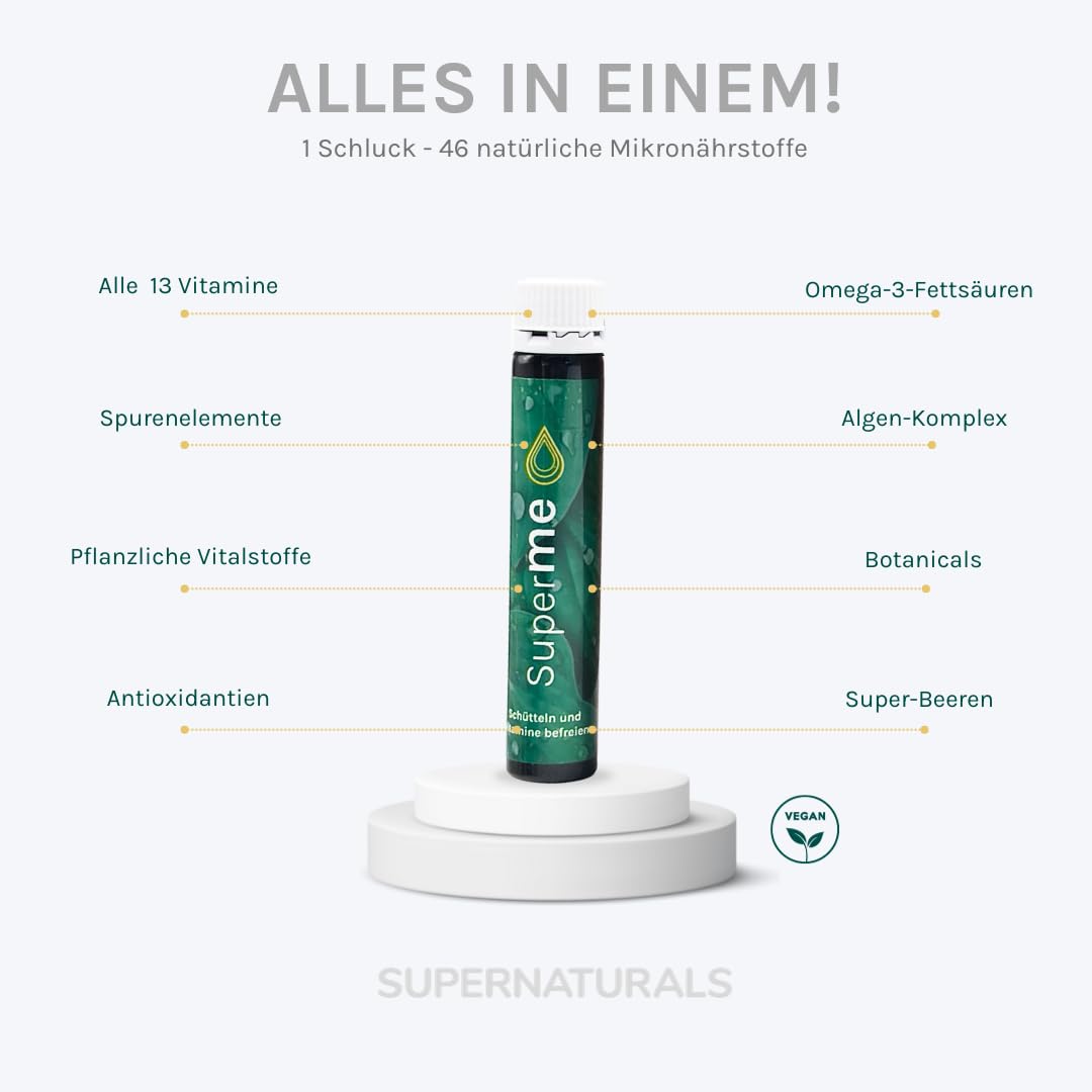 SuperME flüssiger Nährstoffkomplex, 43 Vitamine & Vitalstoffe für Energie, Immunsystem uvm., 100% vegan, 90 x 25ml Trinkampullen, 90 Tage Kur | Supernaturals