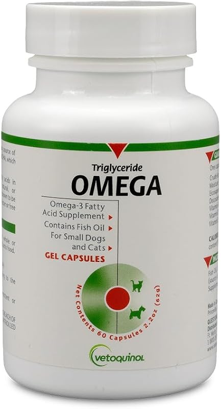 Vetoquinol Triglyceride Omega Suplemento de Óleo de Peixe para Cães e Gatos, 60 Cápsulas
