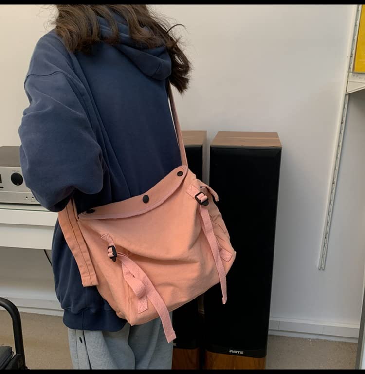 Image of Womens Mens Crossbody Bag Canvas Messenger Bag for School Aesthetic Hobo Bag Vintage Harajuku Hippie Shoulder Bag (Pink)