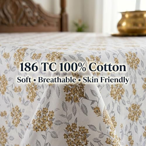 Image of Mafatlal Grace Elegant Single Bedsheet | 186 TC | 60x90 Inch | Smooth Cotton Fabric with Premium Finish | Printed Design with Pillow Cover | Old Gold