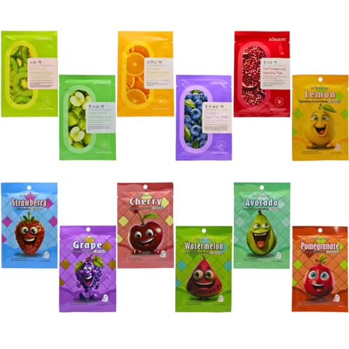 Exfoliantes Y Mascarillas, Beauty Kit de 12 Mascarillas faciales coreanas surtidas - Frutales - Uva, sandía, granada, naranja, limon, mora, fresa y mas