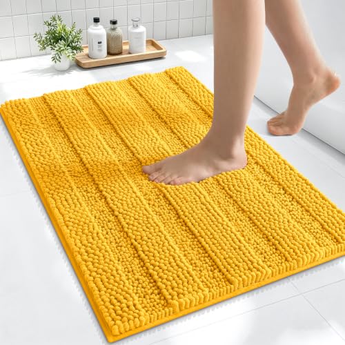 Image of Smiry Thick Small Chenille Bathroom Rugs 24x16, Extra Absorbent Striped Bath Mat, Machine Washable, Rubber Backing, Bath Rugs for Bathroom, Tub & Shower, Home Decor Accessories, Golden Yellow