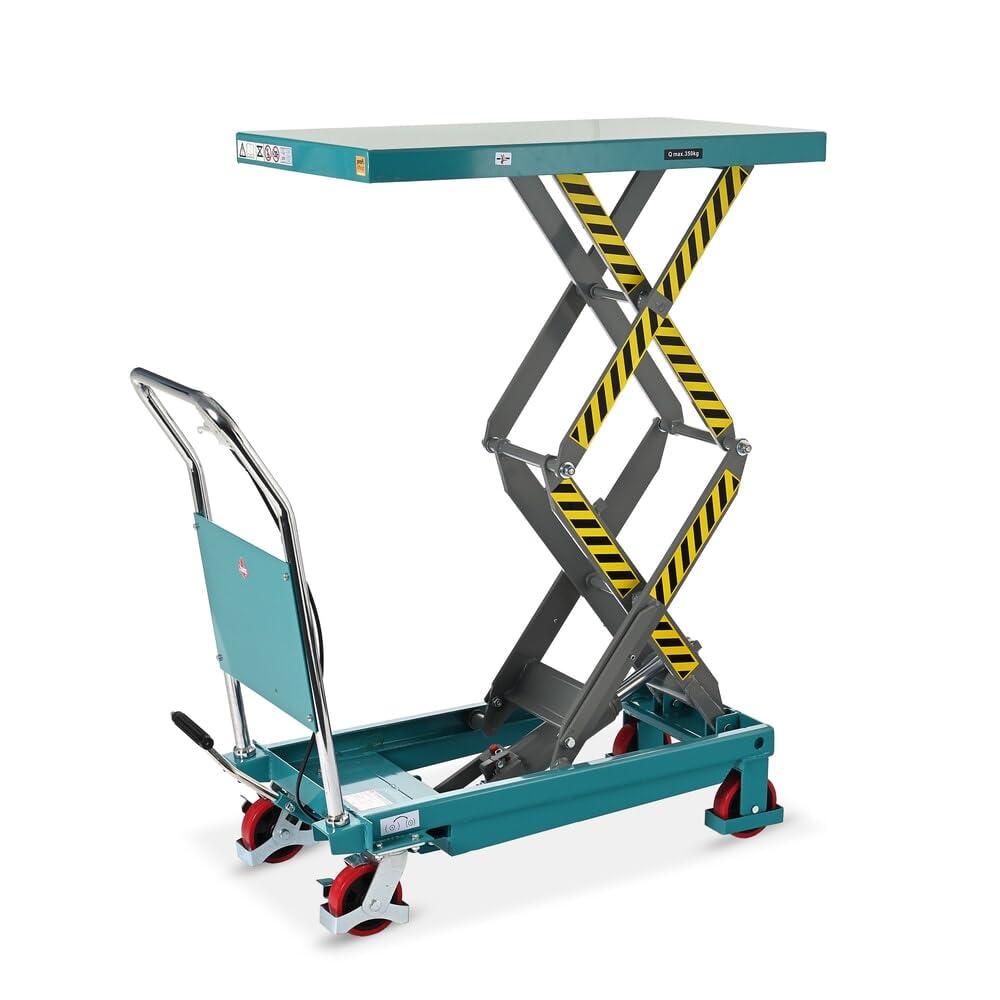 Ameise Scheren-Hubtischwagen LTT | 450-1.500 mm Hubbereich | 700 kg Tragkraft | 1.220x610 mm Plattform | Fahrbarer Hubtisch mit festem Bügel | Fußbetriebene Hydraulikpumpe | Stahl | Türkisblau