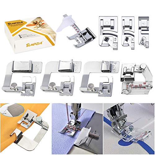 SIMPZIA Sewing Machine Feet w/3Pcs Rolled Hem Pressure Foot,3Pcs Narrow Rolled Hem Presser Feet & Adjustable Guide Presser Foot, Bias Binder Foot Compatible with Singer, Brother, Janome etc(Low Shank)