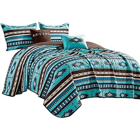 Linen Mart Southwestern Turquoise Tan Aztec Coverlet - 5 Piece Set (King) Cover