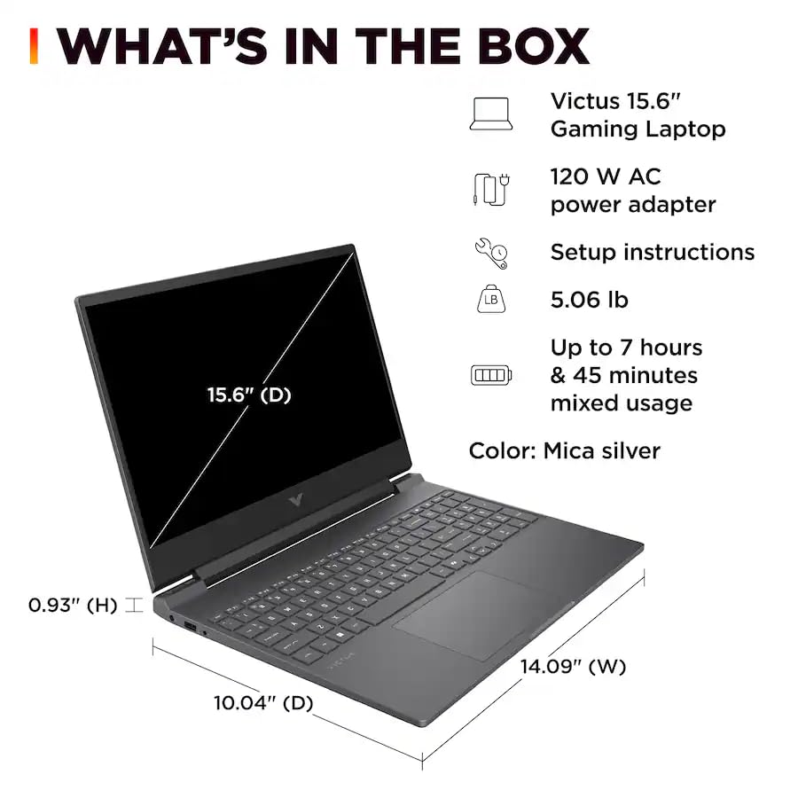 Image of HP Victus 15.6 inch Gaming Laptop, AMD Ryzen 7 7445HS CPU, NVIDIA GeForce RTX 4050 6GB GPU, FHD 144Hz IPS, 16GB DDR5 RAM, 512GB SSD, HDMI, USB-C, RJ-45, Wi-Fi 6, Backlit Keyboard, Windows 11, Mica Silver