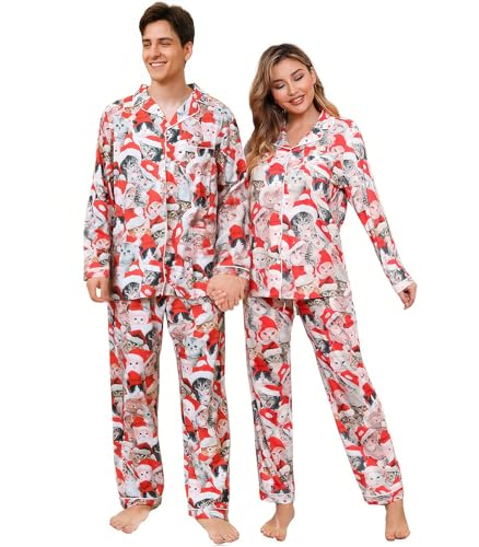Image of RAISEVERN Couples Christmas Matching Pajamas 2 Piece Women Men Xmas Pjs Soft Pajama Set Long Sleeve Loungewear Warm Sleepwear