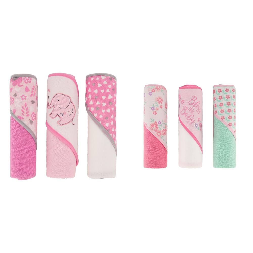 Cudlie Baby Girl Hooded Towel 3 Pack (GS71729, GS71730): Blooming Elephant & Bless This Baby Prints