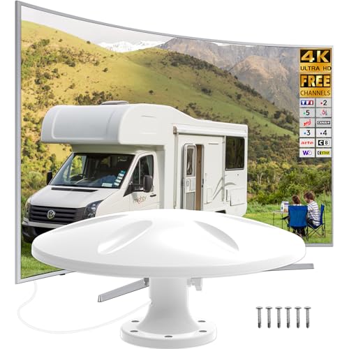 DGUPSP Antenne Extérieure Terrestre TNT HD - DVB-T/T2 – Kit Complet avec Câbles et Puissant Amplificateur pour Camping Car, Caravane, Fourgon, Camion,...