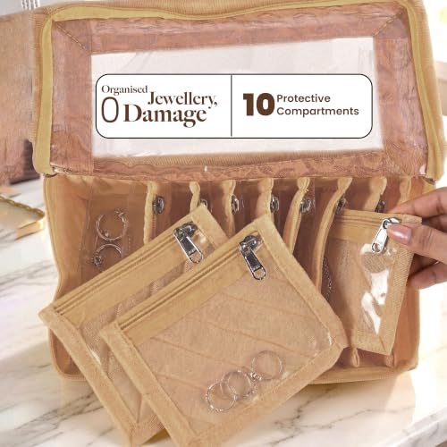 Image of Kuber Industries PVC Jewellery Organizer 10 Detachable Transparent Pouch with Zip | Laminated & Cushioned All 10 Packets Storing Accessorie | Golden