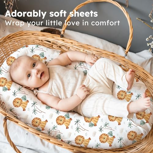 Image of Baby Bassinet Sheets, 3 Pack Fitted Bassinet Mattress Sheets, Compatible with Halo Bassinest Swivel Sleeper & Oval Hourglass Rectangle Mattress, Ultra Soft Brown Lion