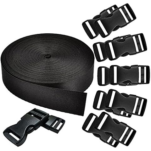 MOAMUN 1 Inch Wide 10 Yards Black Nylon Heavy Webbing Strap and 12 PCS Flat Side Release Buckles Nylon Webbing Tape for DIY Craft Backpack Strapping (Band + Buckle) Cover
