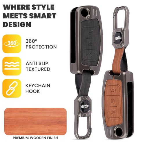 Image of Coll of Fest Premium Metal Leather Key Cover Compatible with Ford Fiesta | Figo | Old Ecosport Flip Key 3 Button Smart Key (2-in-1 Dual Leather Metal (Black & Brown)