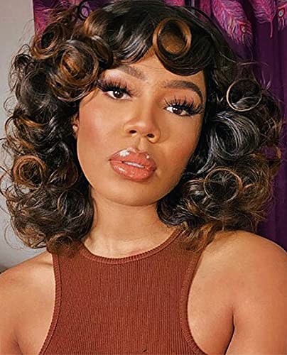 KEAT Short Curly Afro Wigs for Black Women 14   Black Brown Highlights Kinky Curly Wavy Wigs with Bangs Cute Fashion Natural Looking Hair Replacement Wigs Heat Resistant Synthetic for Daily Party K002