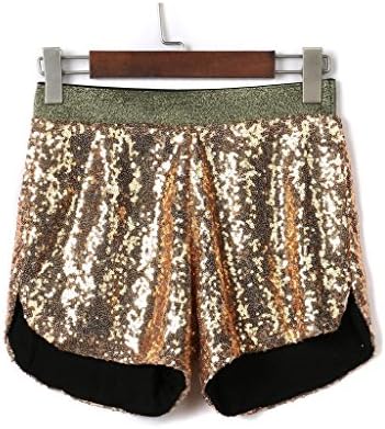 PERSUN Women's All-over Sequin Split Side Shorts,Gold,Large