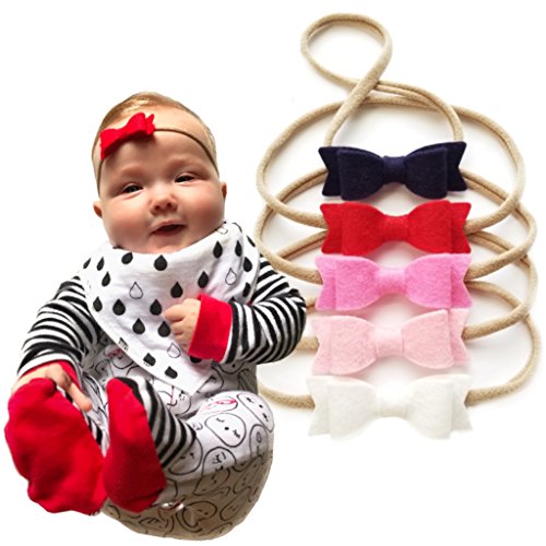 Baby bows and headbands - Newborn to toddler baby girl merino felt bows - SET of 5, MADE IN USA