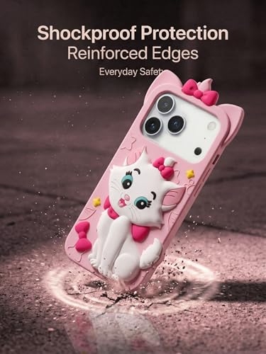Image of amazon basics Luxury 3D Marie Cat Pink Silicone Case for iPhone 17 Pro Max | Cute Cartoon Soft Back Cover | Shockproof Kawaii Designer Cover for Girls & Women