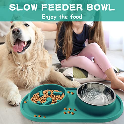 Bnosdm Slow Feeder Dog Bowls Double Puppy Slow Feeder No Spill Non-Skid Silicone Mat Dry Food Slow Eating Bowl Removable Stainless Steel Pet Bowls For Small Medium Dogs Cats Green #TOP6