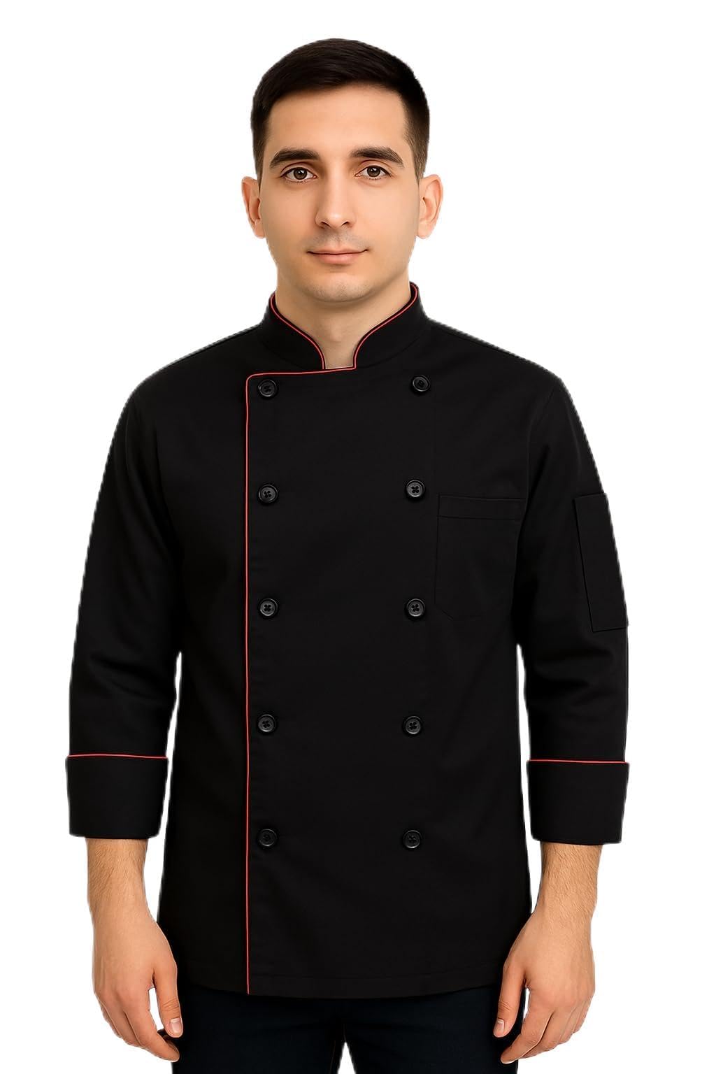 Professional Full Sleeves Chef Coat, Double-Breasted, Easy Care Breathable Material, Ideal for Kitchen Staff, Black (IN, Alpha, L, Regular, BLACK-01)