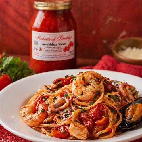 Image of Michaels of Brooklyn Arrabbiata Sauce, 32 oz Jar - Non-GMO, Gluten Free Spicy Pasta Sauce with Hot Peppers, Fresh Basil & Italian Olive Oil - Authentic Italian Tomato Sauce - For Pasta Dishes & Pizza