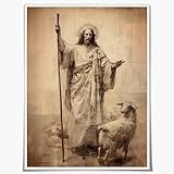 SKINGE Lienzo de pintura al óleo de Jesucristo, arte de pared cristiano, póster de Jesús y ovejas, decoración de pared espiritual religiosa, regalos de Jesús para sala de oración, sala de estar y