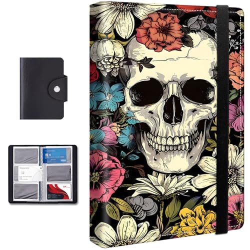 FXIANGWL Business Card Holder Book with Elastic Band, Holds 240 Cards, Large Capacity PU Leather Card Organizer with Black Card Bag, Heavy Duty Business Card Binder for Office, Skull Rose