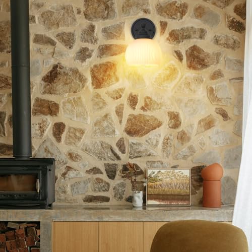 Image of Vintage Wall Sconce 1-Light with White Striped Glass Globe Shade, Indoor Wall Mounted Lamp Fixture for Living Room Bedroom Kitchen Hallway
