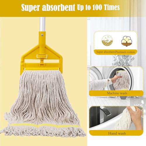 Image of Heavy Duty Commercial Industrial Mop, Loop-End String Wet Mop with Extra Replacement Heads, 59 Inch Long Handle for Floor Cleaning - Home, Garage, Warehouse, Office