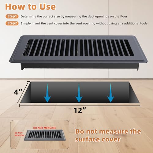 Image of Floor Register 4 x 12, 8 Pack - Gray Heavy-Duty Steel Vent Covers for Home Floor with Adjustable Airflow Control Lever, Easy Installation and Quiet Operation for HVAC Systems Floor Vent