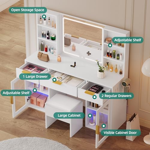 Image of DWVO 56 inch LED Vanity Desk with Tri‑Fold Mirror & Lights | Makeup Vanity Desk with 3 Drawers