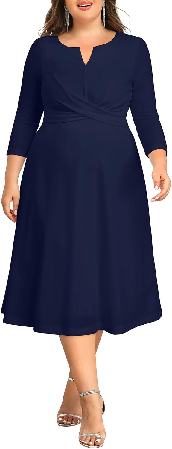 Plus Size Wedding Guest Dress - Church Midi Fall Semi Formal 3/4 Sleeve V Neck A-line Dress for Women 2025