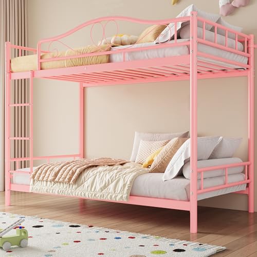 Garvee Metal Bunk Bed Twin Over Twin Heavy Duty Bunkbeds Frame with Safety Guard Rails for Kids Boys GirlsSteel Bed for School Bedroom Space-Saving Pink