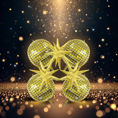 Image of 7Pcs 22Inch Golden Disco Ball Balloons - 4D Large Foil Balloons with Metallic Star for 70s Disco Dance Birthday Party