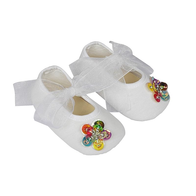 Infant New Baby Toddlers Boys and Girls Cotton White Sandal Ribbon Booties With Multicolor Flower Patch [RSM_40]-image-36