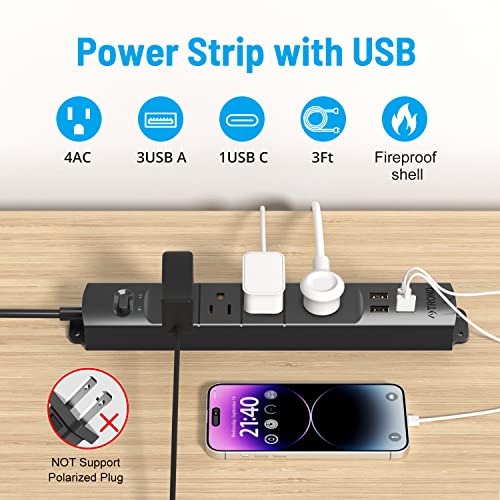 Surge Protector Power Strip With Usb, Trond Ultra Thin Flat Plug 3Ft Extension Cord 1625W, 3 Usb A & 1 Type C, 4 Ac Outlets 1440J Surge Protection Wall Mount For Home Office Dorm Room, Black #TOP1