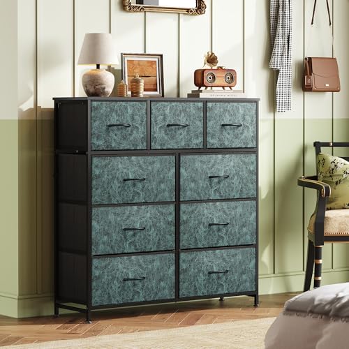 Image of WLIVE 9 Drawer Dresser, Fabric Storage Tower for Bedroom, Hallway, Closet, Tall Chest Organizer Unit for Bedroom with Fabric Bins, Steel Frame, Wood Top, Easy Pull Handle, Vintage Green
