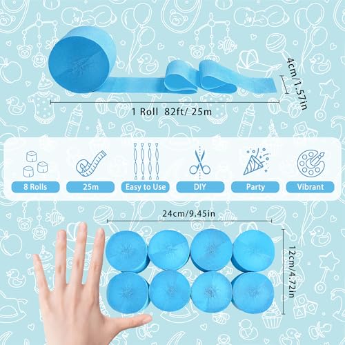 Image of 8 Rolls Crepe Paper Streamers, Sky Blue Streamers Party Decorations for Baby Shower Birthday Gender Reveal Under The Sea Party