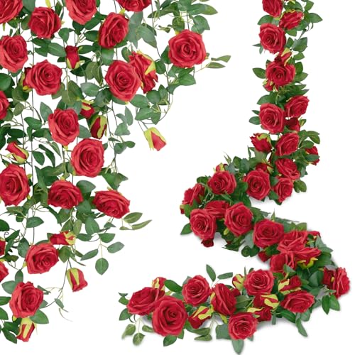 U'Artlines 3 Pack Artificial Red Rose Vines Floral Garlands Total 19.5 Ft Fake Vine Silk Flower Garland for Indoor Outdoor Home Wedding Arch Garden Wall Decoration