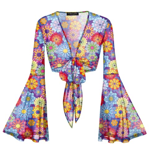 Image of Women Tie Front Bell Sleeve Rave Crop Tops Floral Print Hippie Mesh Sheer Shirt