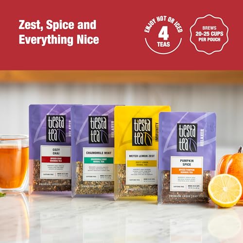 Image of Tiesta Tea - 4 Autumnal Tea Blends, Loose Leaf, Premium Blend, Non-Caffeinated, Make Hot or Iced, Pouch of Pumpkin Spice, Cozy Chai, Chamomile Mint, Meyer Lemon Zest, Pack of 4