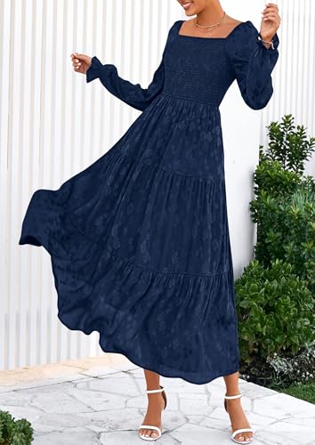 PRETTYGARDEN Fall Wedding Guest Dresses for Women 2025 Floral Long Sleeve Smocked Tiered Elegant Long Flowy Boho Dress4