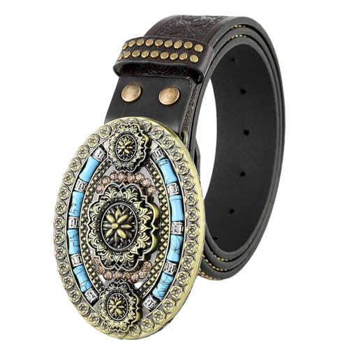 Ethnic Man Waist Belt with Embossed Pattern Buckle Multi-type