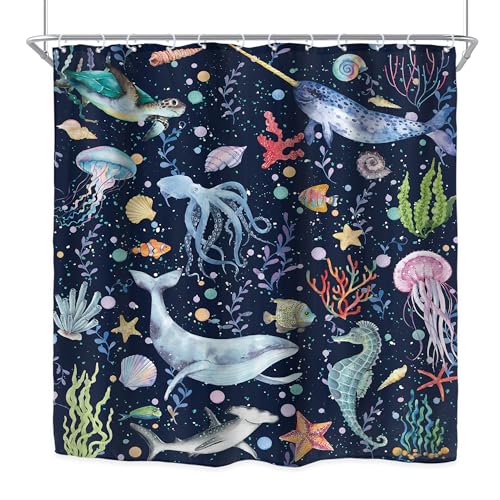 Kids Ocean Shark Whale Fish Jellyfish Turtlr Bathroom Shower Curtain Set by Riyidecor - Used condition - Image 8