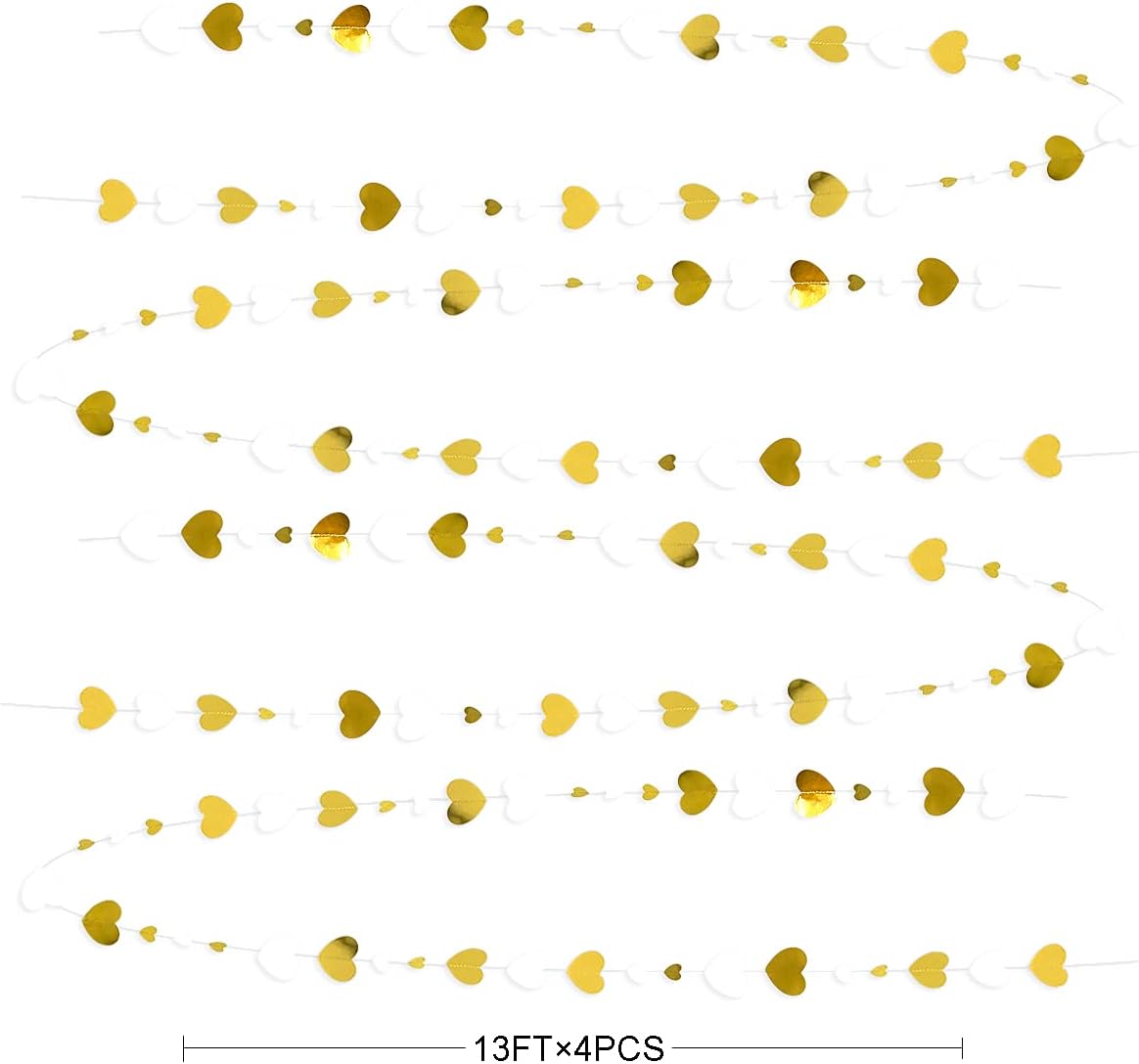 White Gold Heart Garland Hanging Paper Love Heart Streamer Banner for Baptism Engagement Anniversary Valentines Day Birthday Bachelorette Mothers Day Wedding Bridal Shower Party Decorations Supplies - Image 2